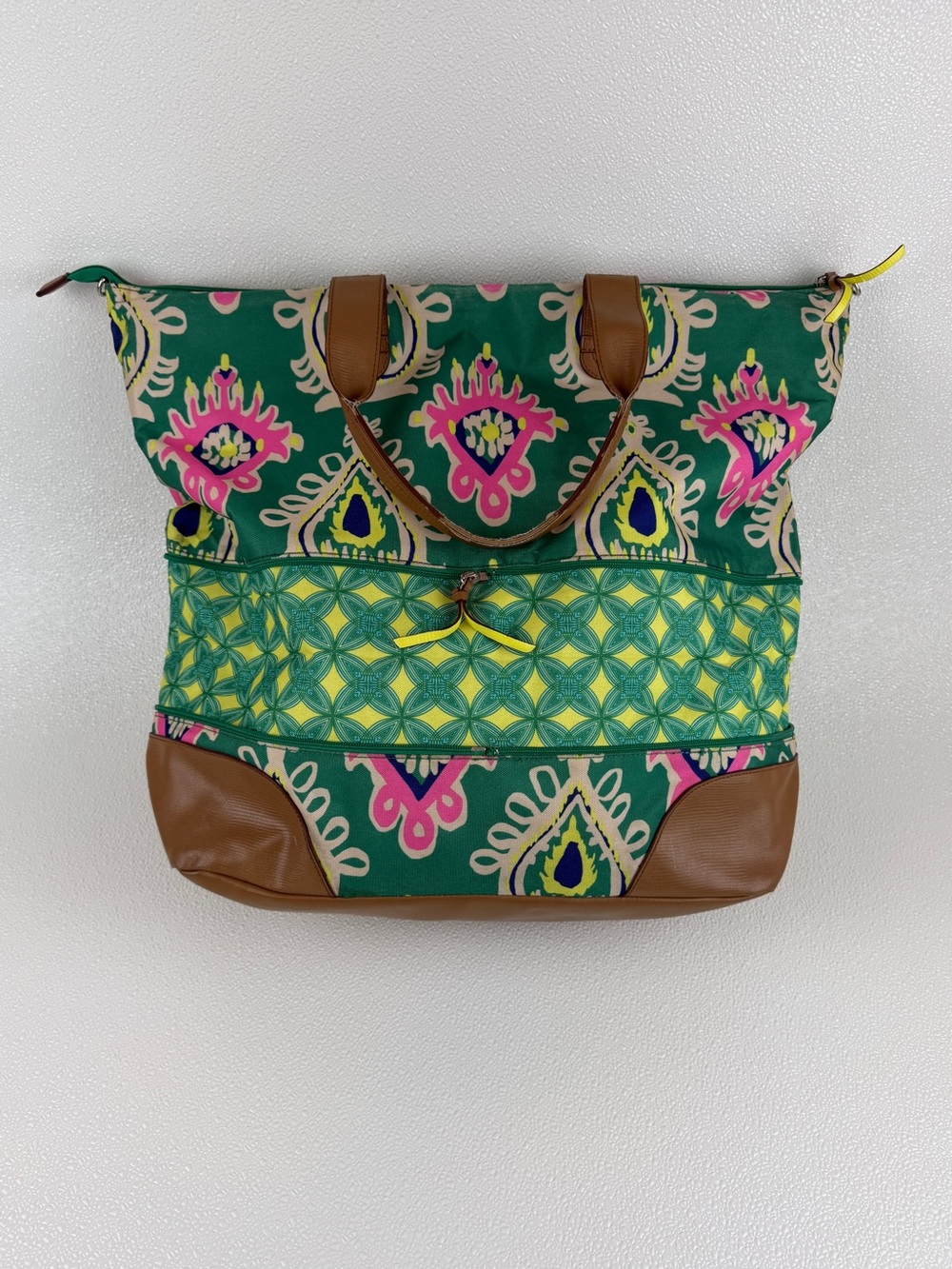 Stella & Dot Weekender Expandable Tote Green Pink Print Travel Carry On Bag